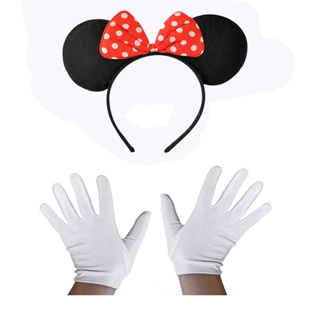 Mey İthalat® Kırmızı Fiyonklu Minnie Mouse Tacı ve Beyaz Eldiven Seti