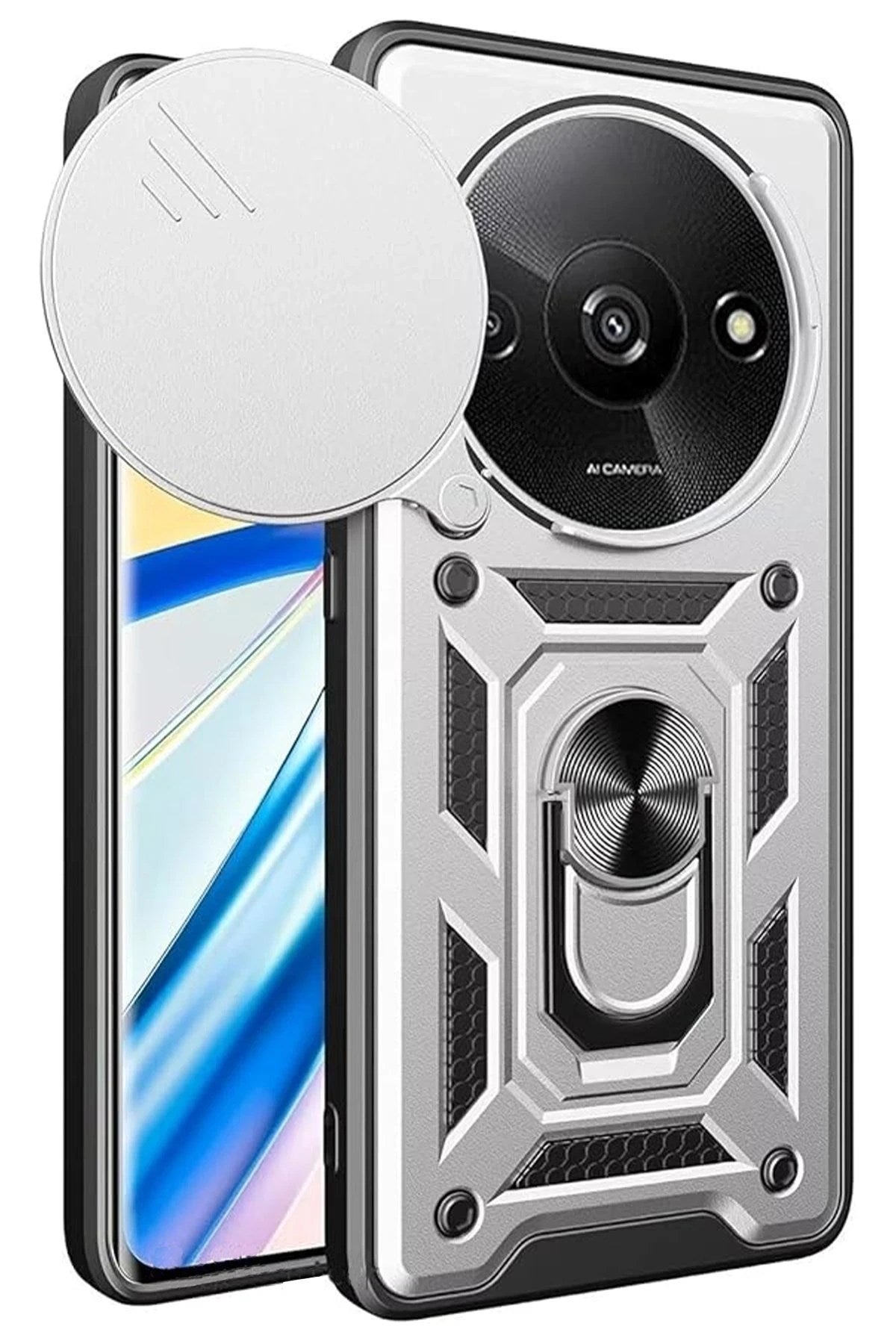 Mey İthalat® Redmi A3 4G Kılıf Pars Lens Yüzüklü Silikon - Gümüş