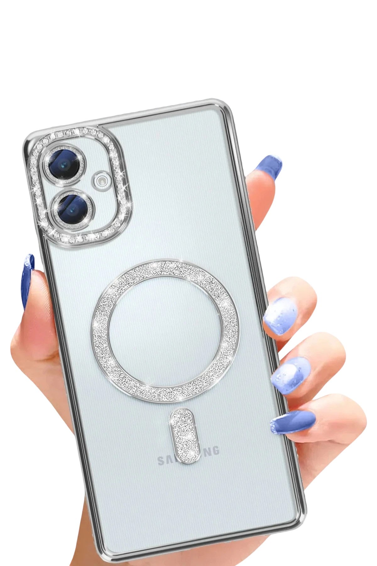 Mey İthalat® Samsung Galaxy A06 Joke Simli Magneticsafe Kılıf - Gümüş