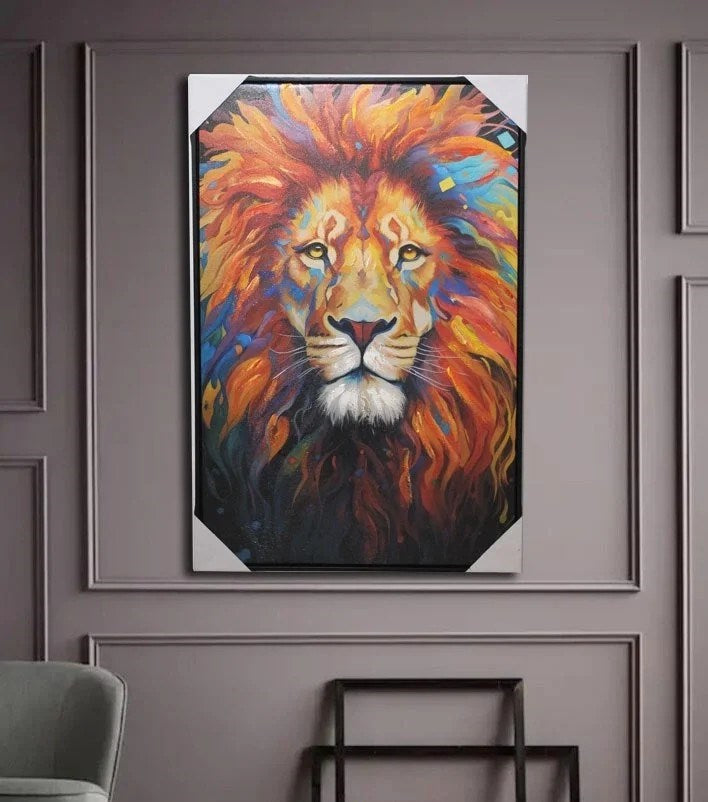 Duvara Asmalı Yağlı Boya Pano, 90x60 cm Aslan Figürlü Dekoratif Duvar Panosu