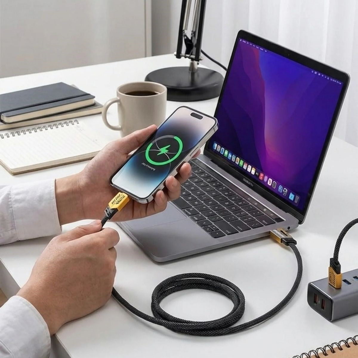 4’ü 1 Arada Hızlı Mobil Şarj Kablosu 65W – USB-A & Type-C to Type-C + Lightning, Örgülü Çoklu Şarj ve Veri Kablosu