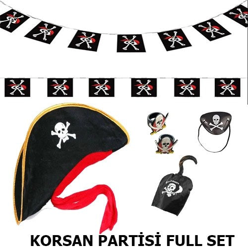 Mey İthalat® Çocuk Korsan Şapkası + Kancası + Göz Bandı + 2 Adet Yüzük + Afiş Seti
