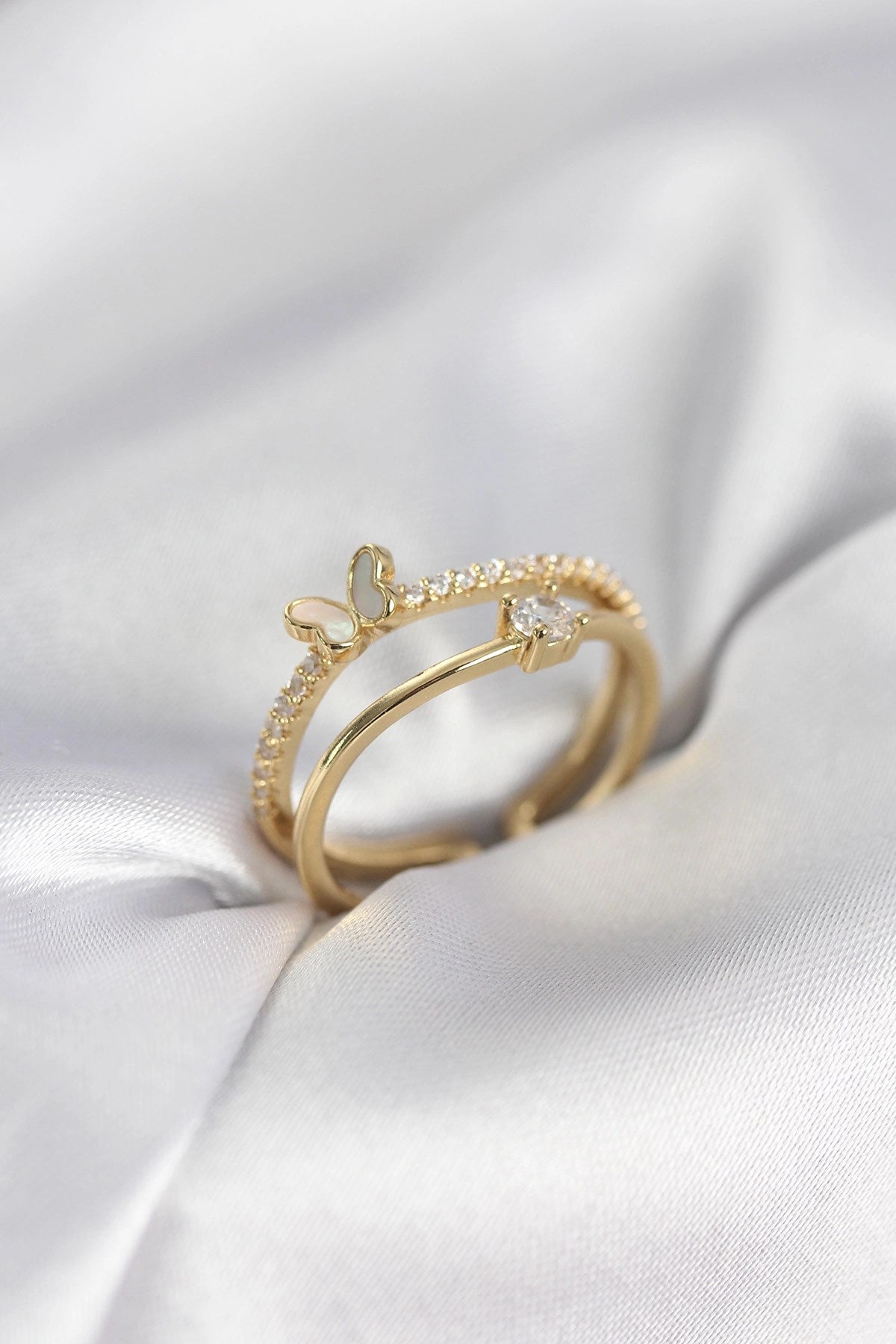 Mey İthalat® Gold Renk 2'li Zirkon Taşlı Kelebek Model Kadın Yüzük