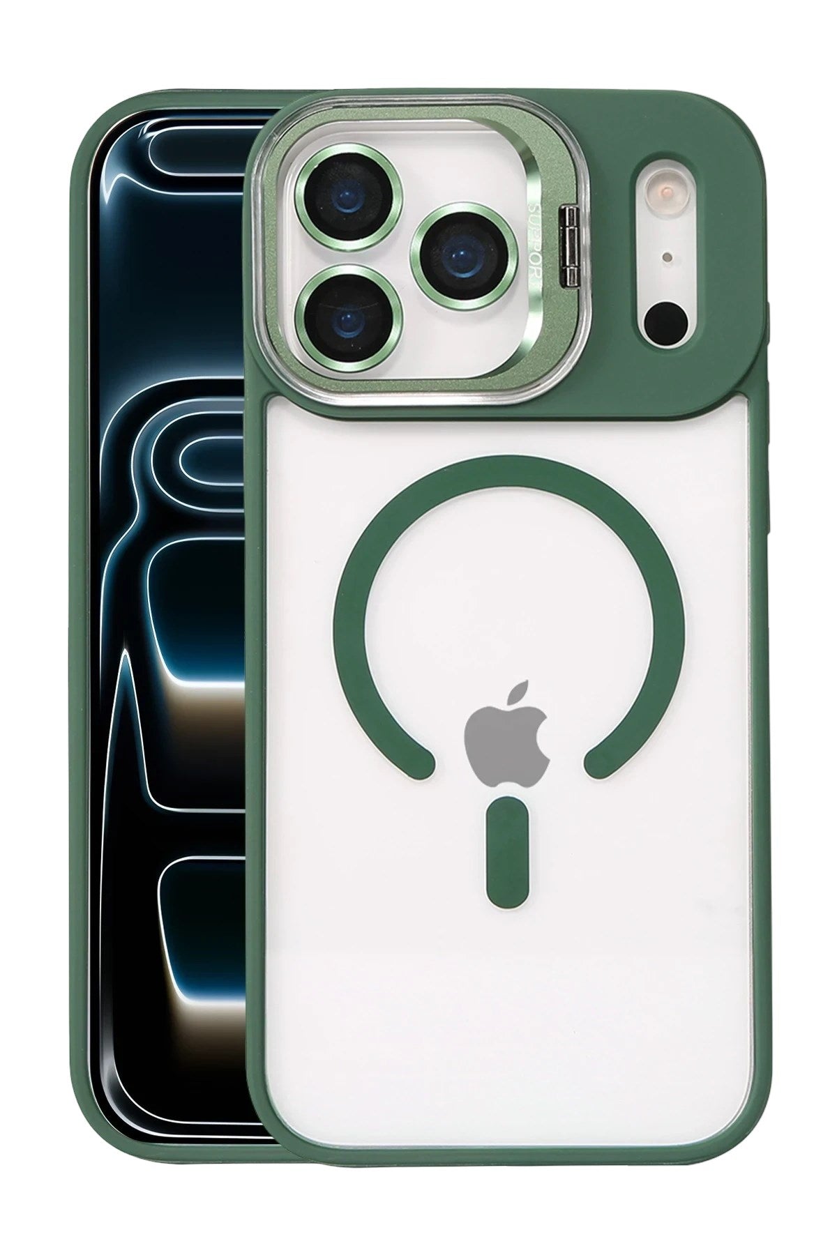 Mey İthalat® iPhone 17 Pro Remim Lensli Magsafe Standlı Kapak - Koyu Yeşil