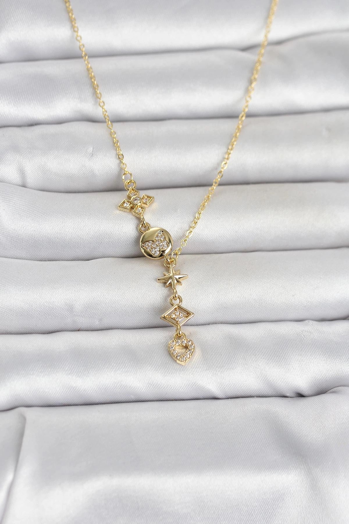 Mey İthalat® 316L Çelik Gold Renk Zirkon Taşlı Y Kadın Kolye