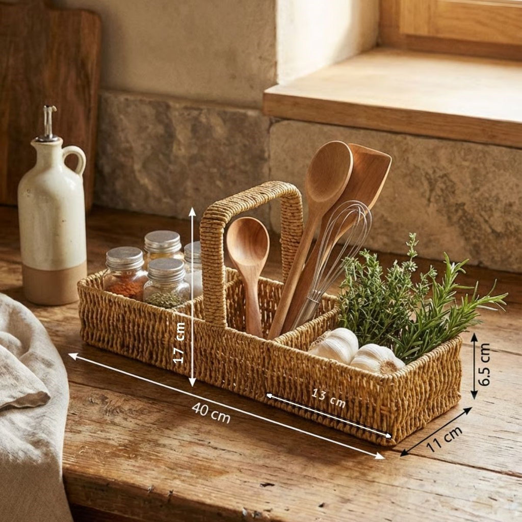 3 Bölmeli Plastik Rattan Düzenleyici–Saplı Masaüstü Organizer, Mutfak Kaşık Çatal Sepeti, Banyo & Ofis Çok Amaçlı Sunum Standı
