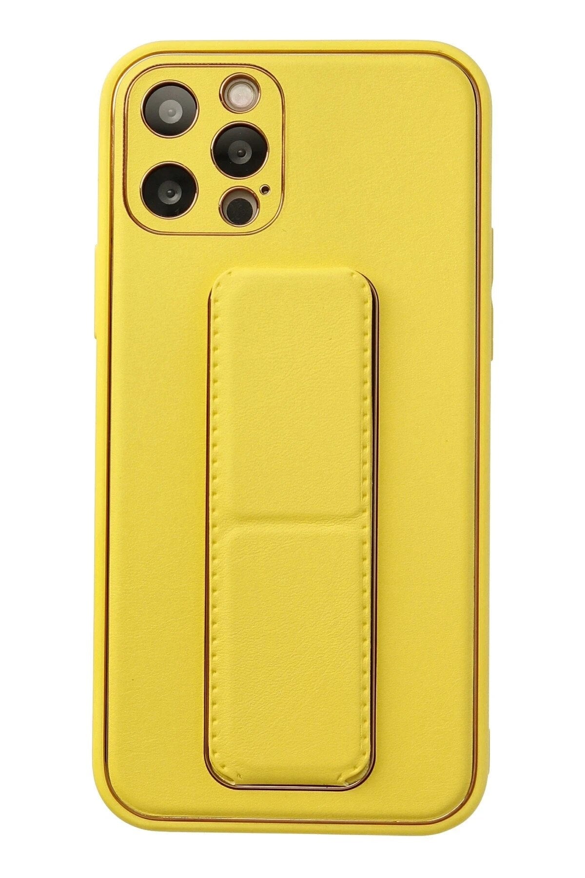 Mey İthalat® iPhone 12 Pro Kılıf Coco Deri Standlı Kapak - Sarı