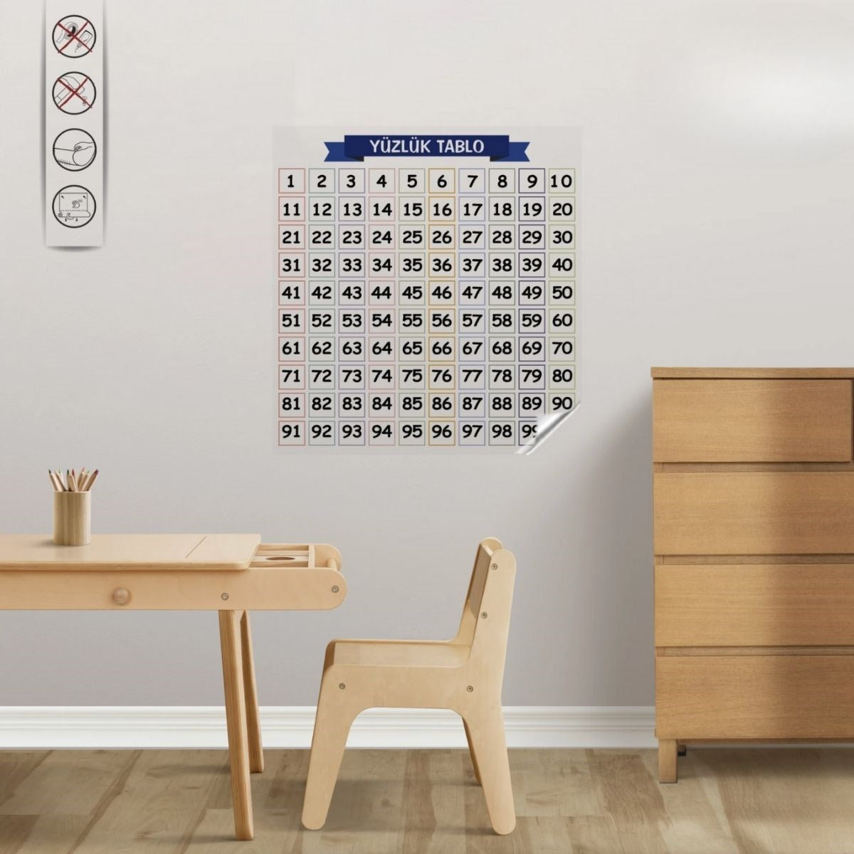 Matematik Öğreten Yüzlük Tablo Duvarda İz Bırakmaz Akıllı Kağıt Yapışkansız Statik 60x60 cm