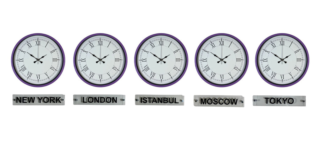 Modern Mor 36 Cm 5 li Tabealalı Dünya Saatleri
