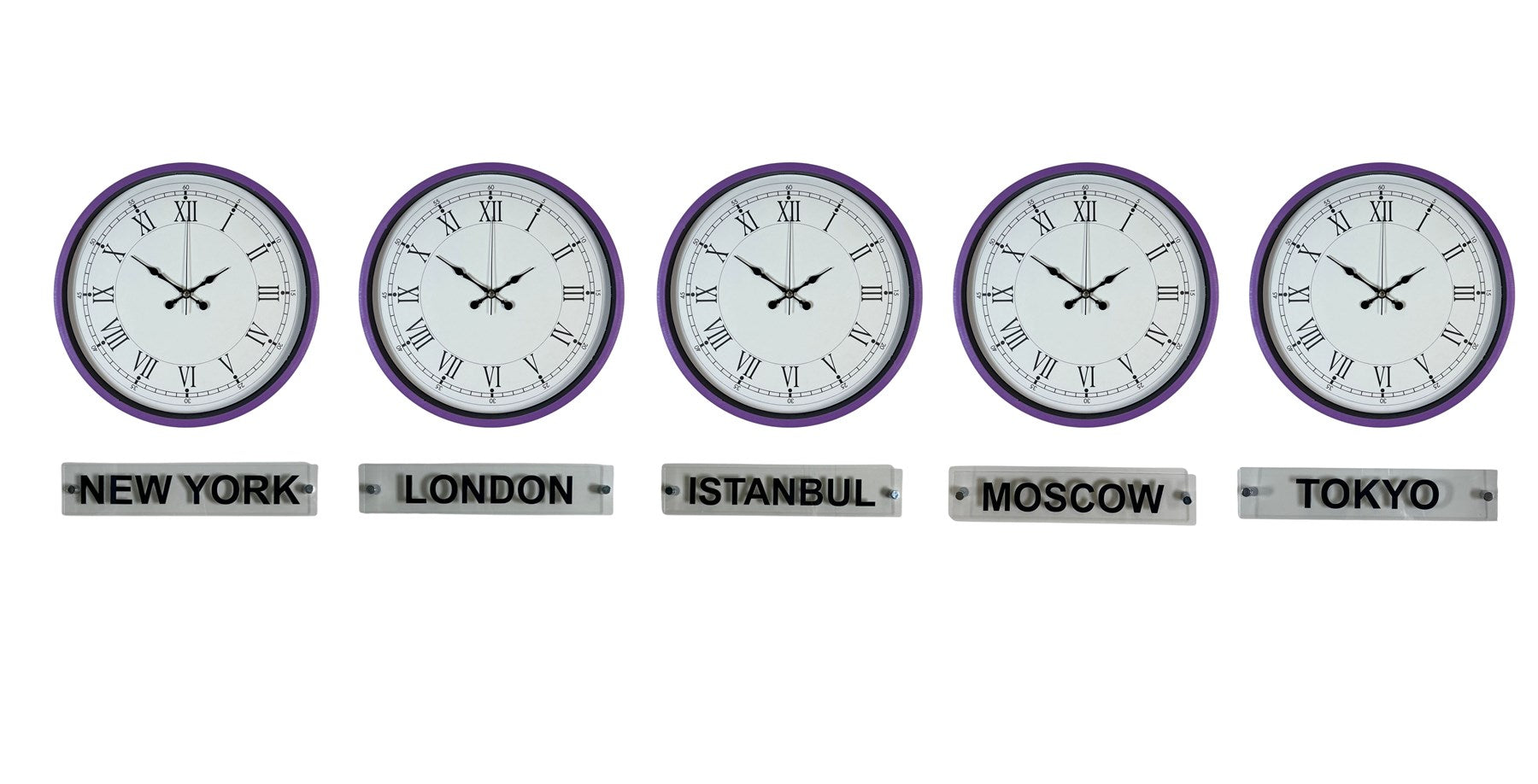 Modern Mor 36 Cm 5 li Tabealalı Dünya Saatleri