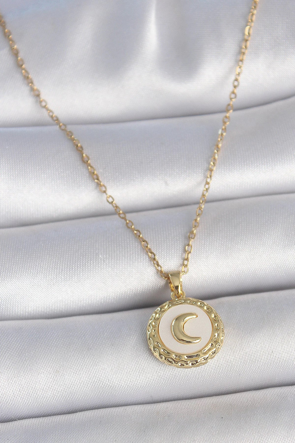 Mey İthalat® 316L Çelik Gold Renk Zincir Beyaz Mineli Hilal İşlemeli Madalyon Model Kadın Kolye