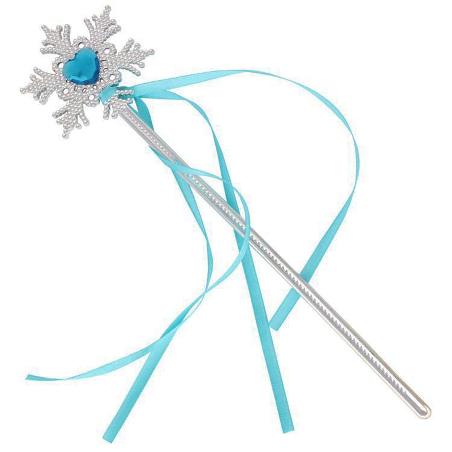 Mey İthalat® Kar Taneli Mavi Kalp Taşlı Saten Kurdeleli Karlar Ülkesi Elsa Asası Sopası 34 cm