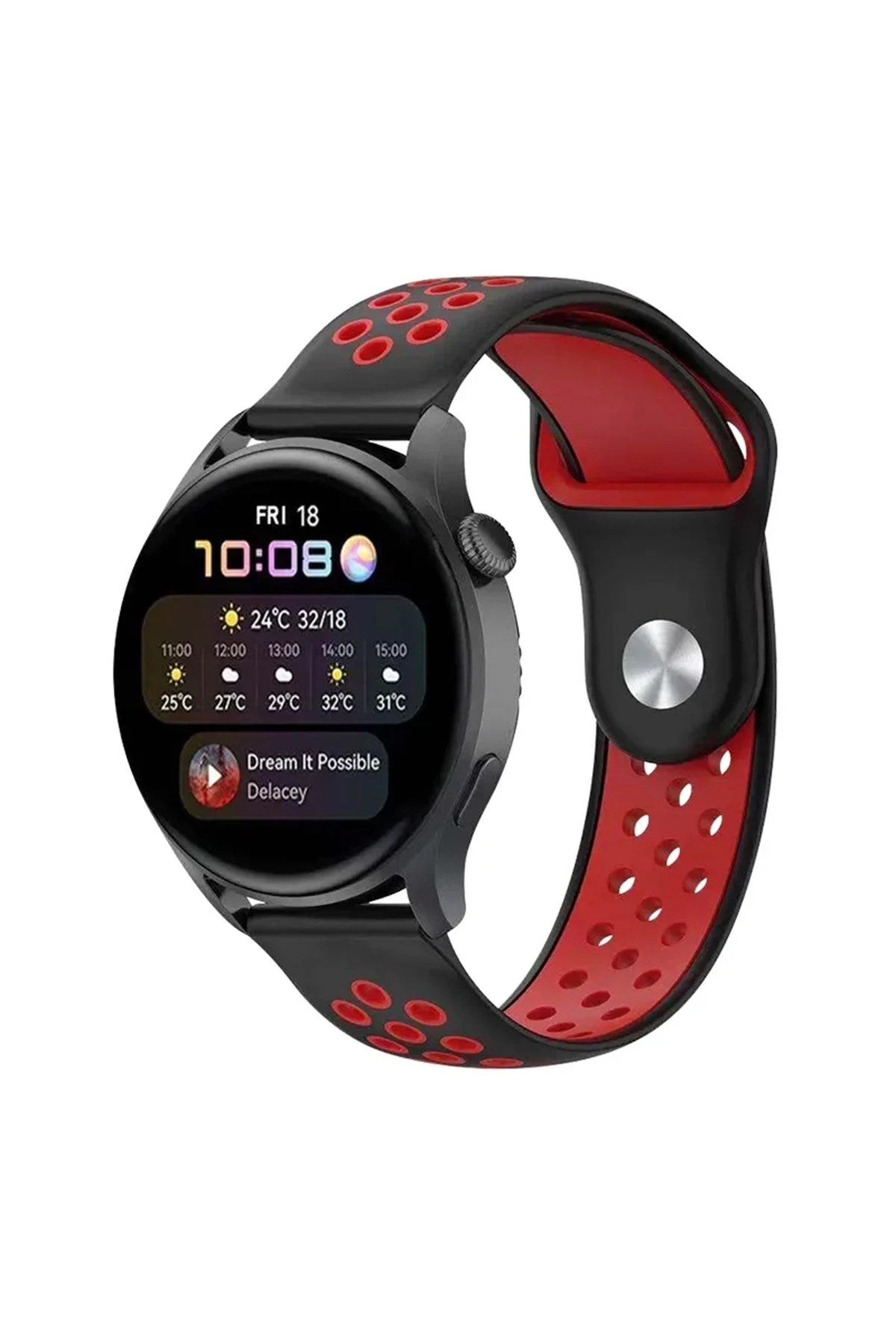 Mey İthalat® Watch 22mm Spor Delikli Kordon - Siyah-Kırmızı