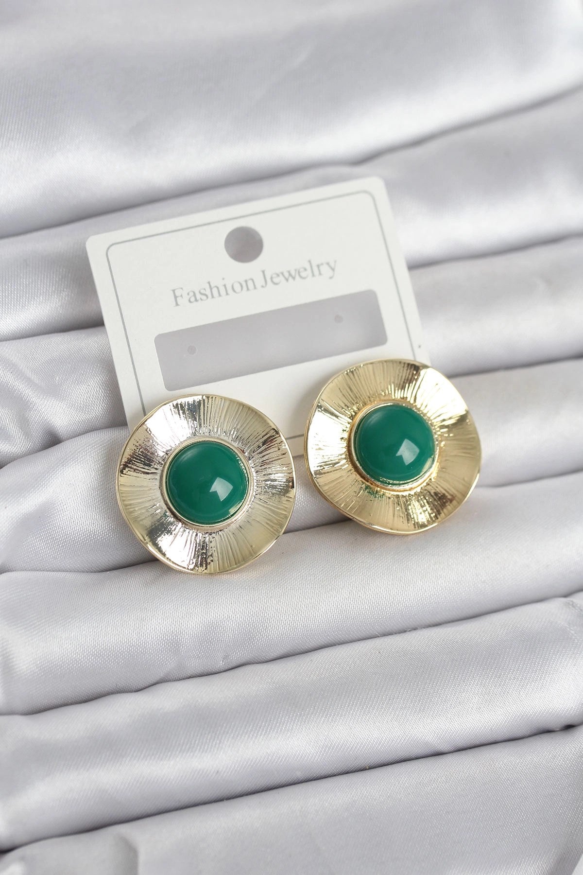 Mey İthalat® Vintage Model Yeşil Gold Renk Pirinç Kadın Küpe