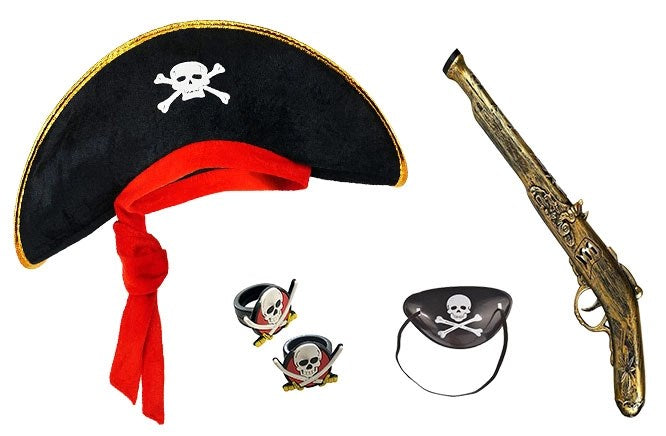 Mey İthalat® Korsan Şapkası + Tabanca + Maske + 2 Adet Yüzük Kostüm Seti Çocuk