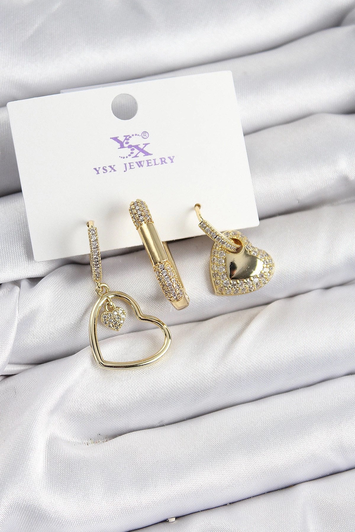 Mey İthalat® Pirinç Zİrkon Taşlı Kalp Model Gold Renk 3'lü Kadın Küpe