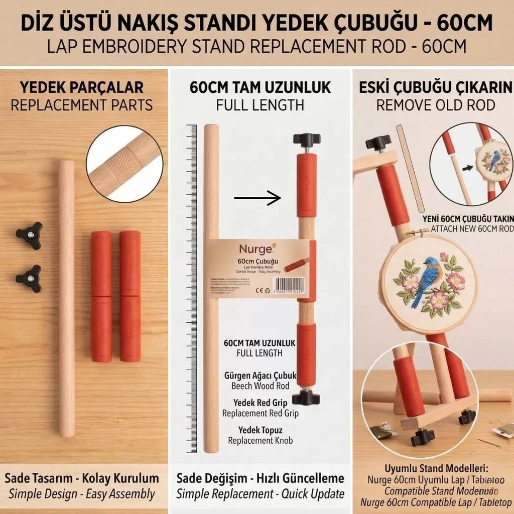 60 Cm Diz Üstü Nakış Standı Yedek Çubuğu – Kumaş Sıkıştırma Aparatlı Ahşap Kasnak Çubuğu
