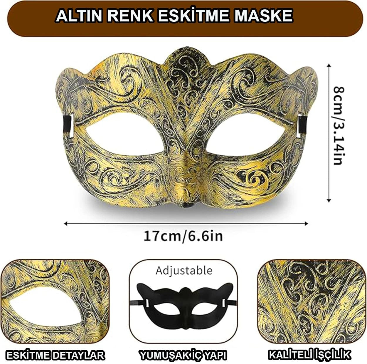 Mey İthalat® Altın Renk Eskitme Maskeli Balo Maskesi – Venedik Tarzı Parti Maskesi