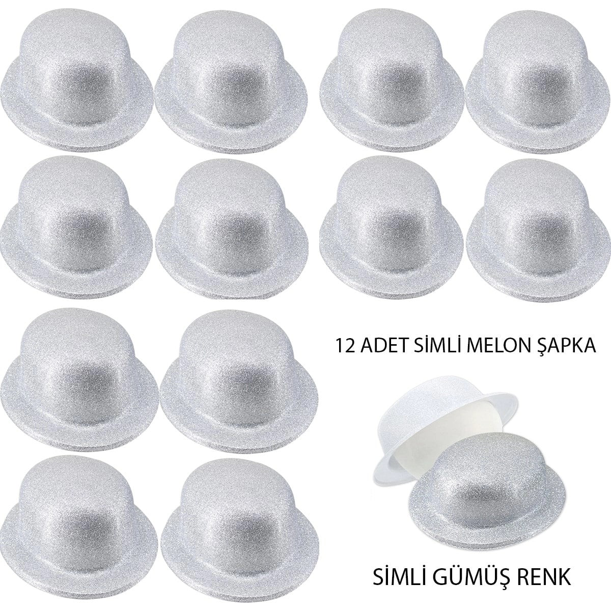 Mey İthalat® Gümüş Renk Simli Melon Yuvarlak Parti Şapkası 12 Adet