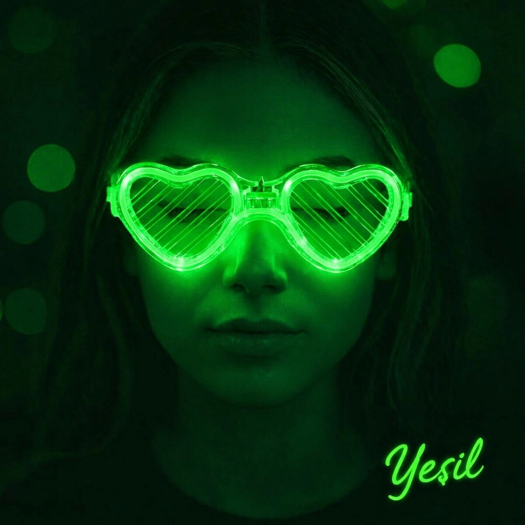 Mey İthalat® Yeşil LED Işıklı Kalp Gözlük – 3 Modlu Parti &amp; Glow Gözlüğü
