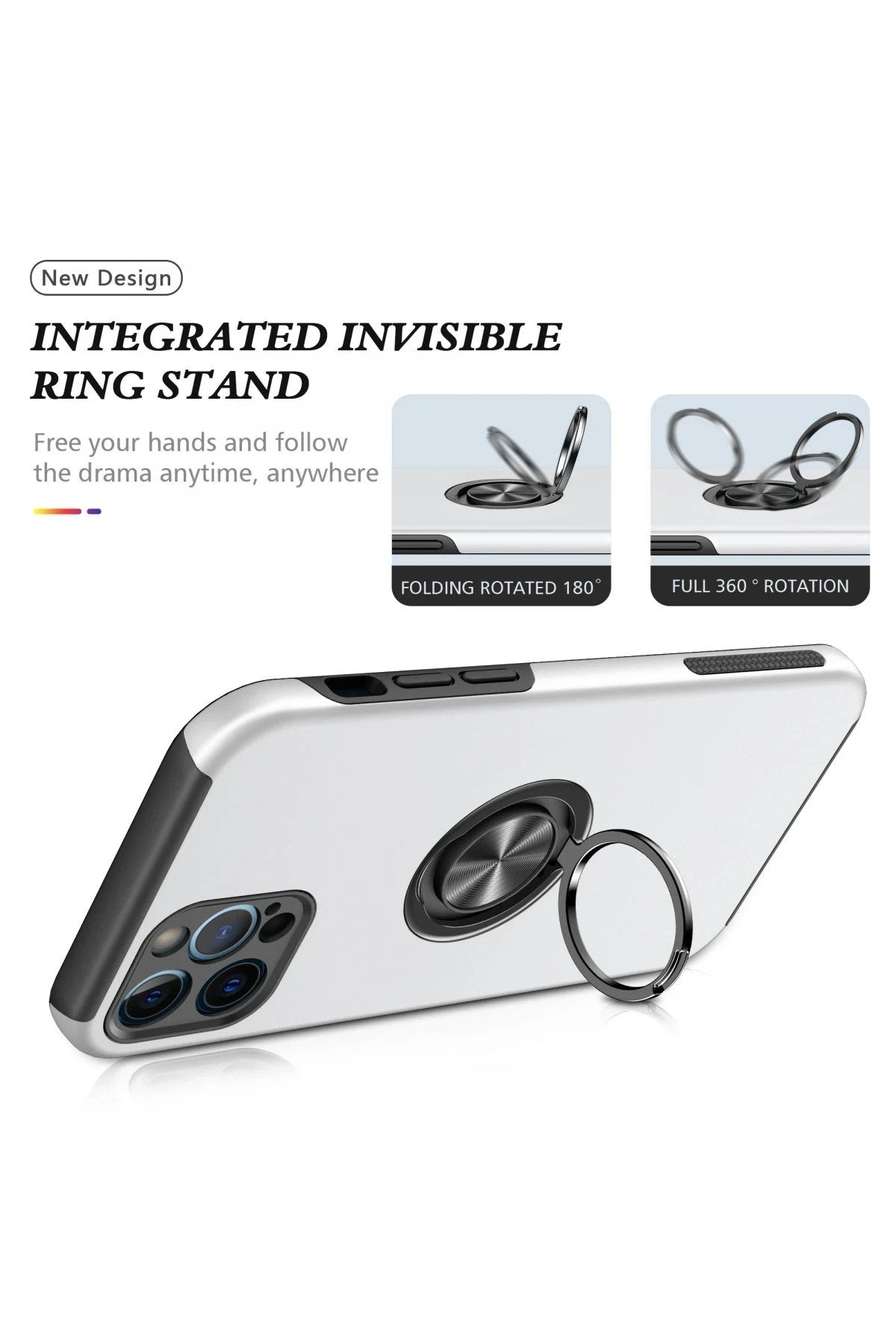 Mey İthalat® iPhone 12 Pro Kılıf Elit Yüzüklü Kapak - Gümüş