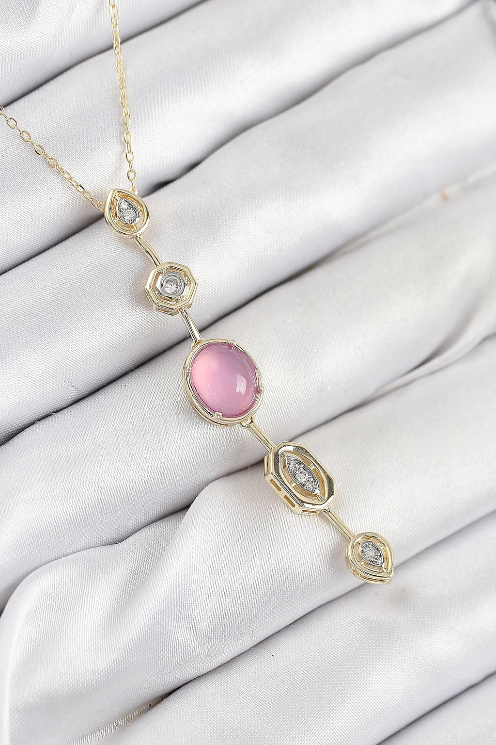 Mey İthalat® Pirinç Zincir Pembe Gold Renk Zirkon Taşlı Y Kolye