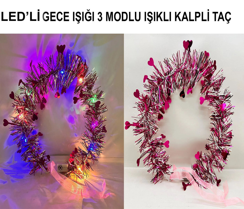 Mey İthalat® Kalp Püsküllü Gece Parıltısı 3 Modlu LED&amp;#39;li Işıklı Taç Fuşya Renk