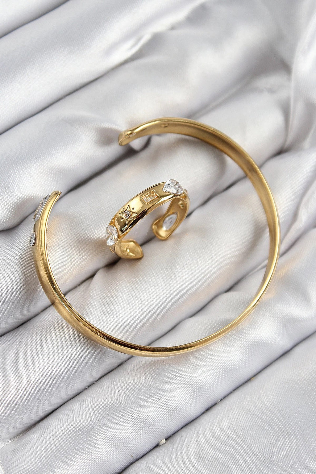 Mey İthalat® Pirinç Zirkon Taşlı Ayrık Model Gold Renk Bileklik Yüzük Set