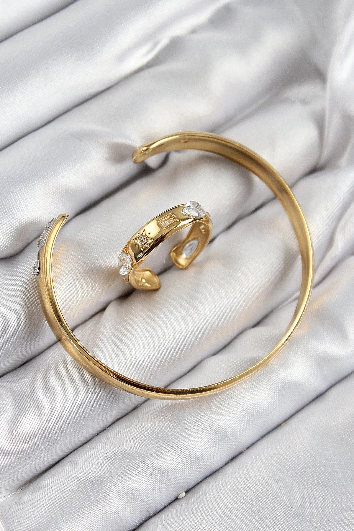 Mey İthalat® Pirinç Zirkon Taşlı Ayrık Model Gold Renk Bileklik Yüzük Set