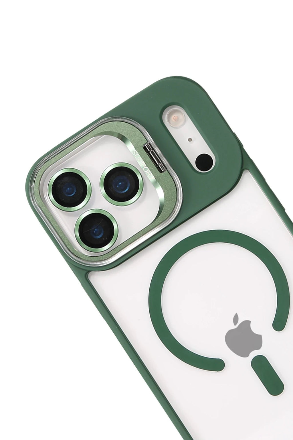 Mey İthalat® iPhone 17 Pro Max Remim Lensli Magsafe Standlı Kapak - Koyu Yeşil