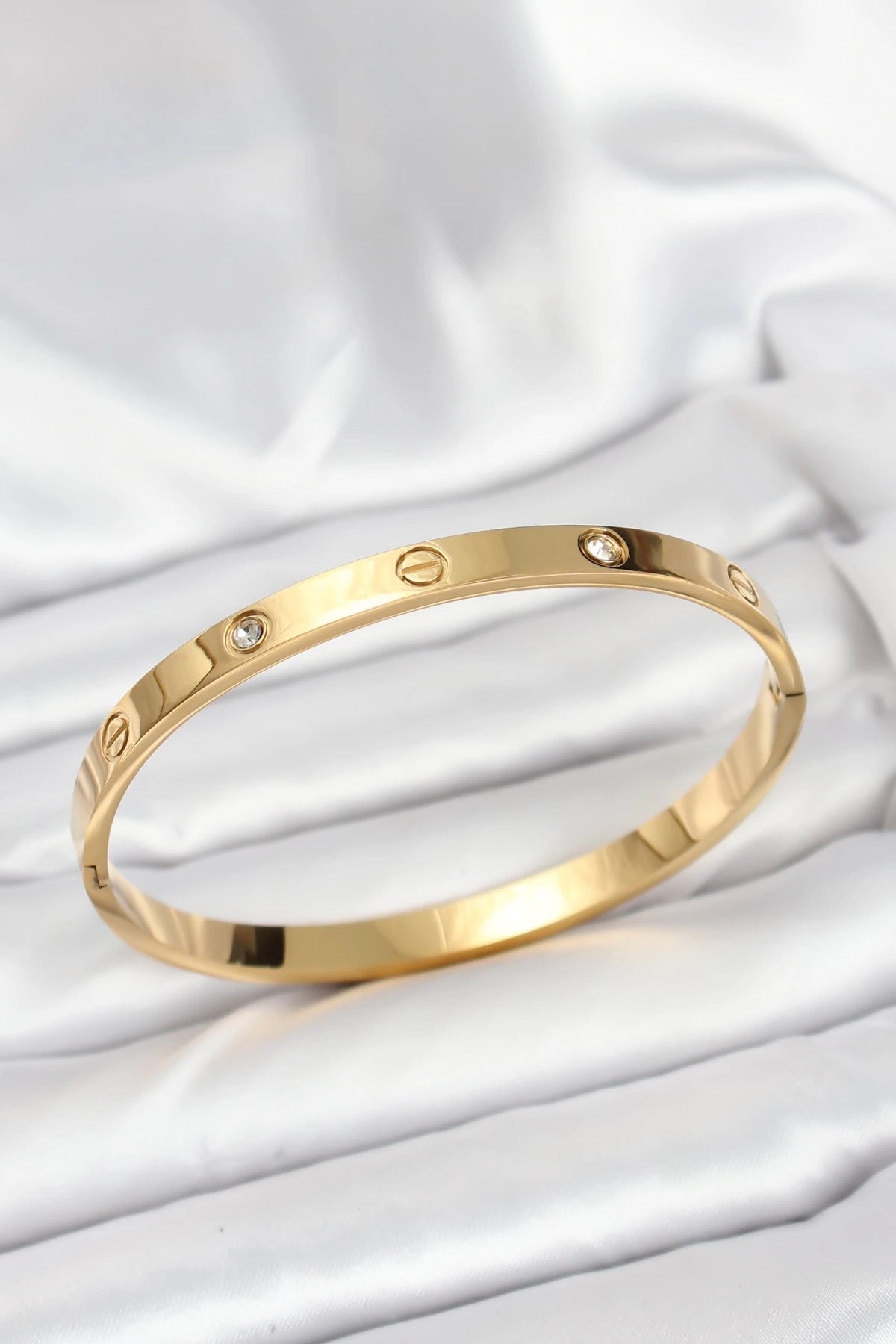 Mey İthalat® 316L Çelik Gold Renk Zirkon Taşlı 65 mm Kadın Kelepçe Bileklik