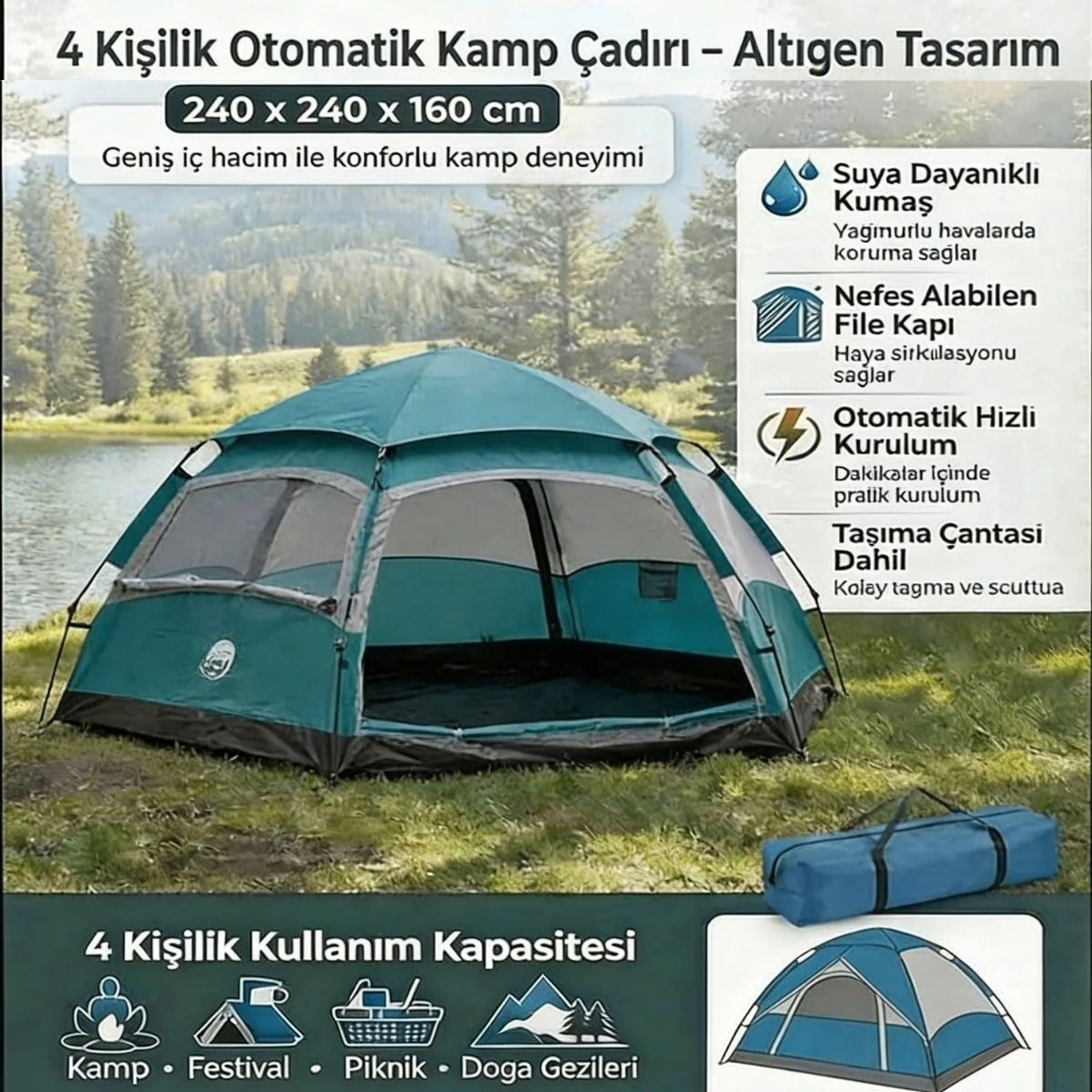 4 Kişilik Otomatik Kamp Çadırı – Altıgen Tasarım, Çift Kapılı, Suya Dayanıklı, Hızlı Kurulumlu Geniş Aile Outdoor Çadırı 240x240x160 cm