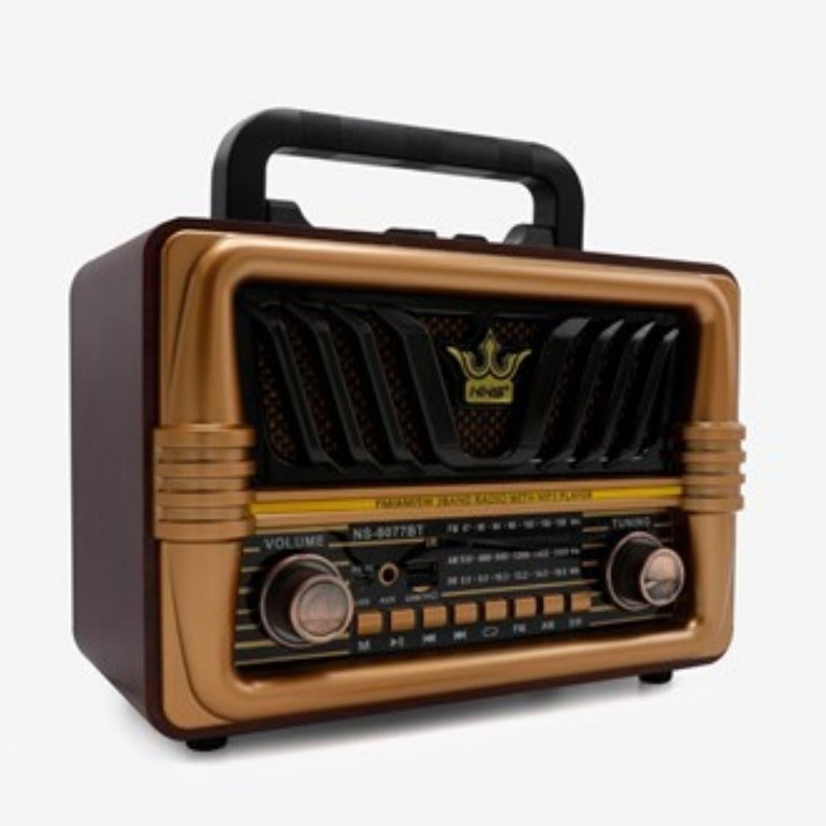 Büyük Boy Telefon Tutma Saplı Retro Ahşap Tasarım Bluetooth Hoparlörlü Radyo – FM/AM Destekli, Şarjlı ve Taşınabilir Radyo NS-8077
