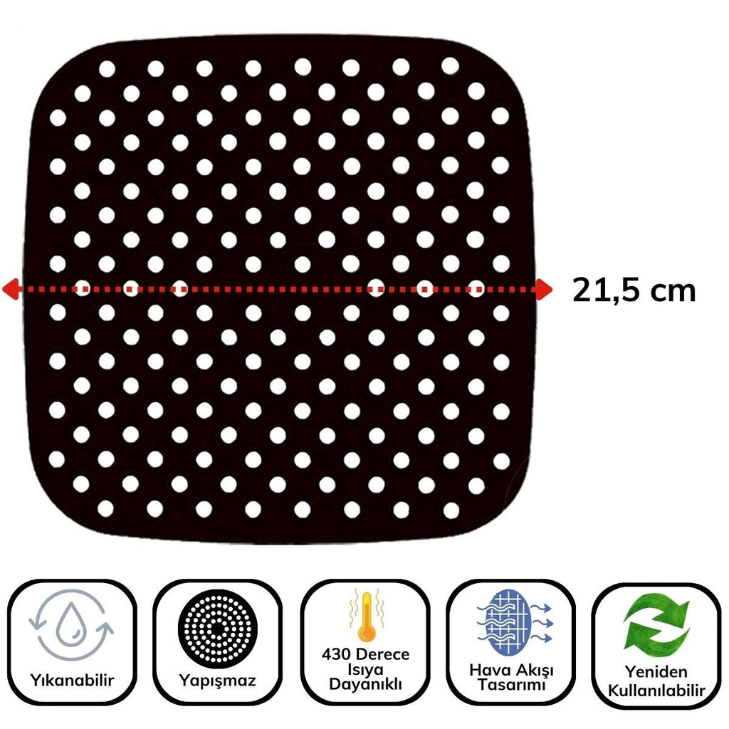 Siyah Isıya Dayanıklı Yıkanılabilir Silikon Fırın Ve Airfryer Kare Model Pişirme Matı 21,5 Cm