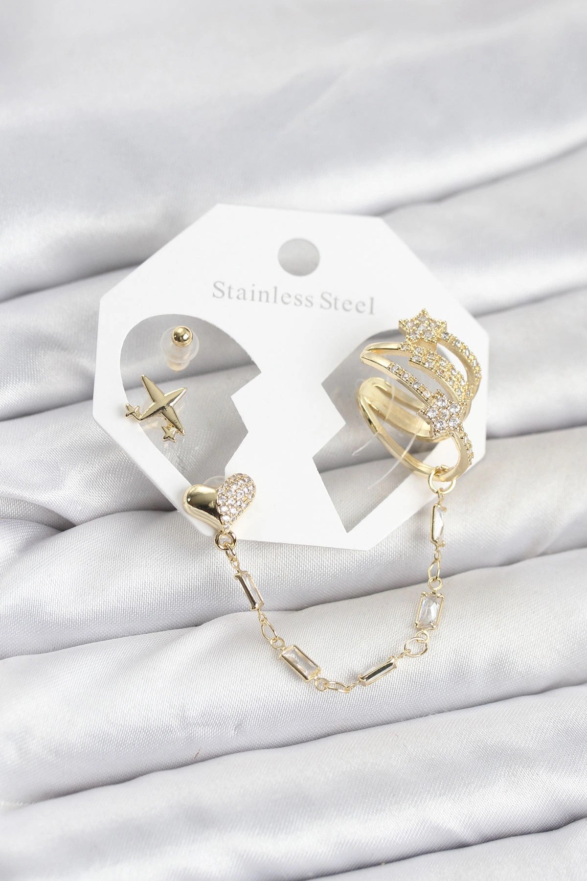 Mey İthalat® Kalp Yıldız Model Pirinç Gold Renk Zincir Bağlantılı Ear Cuff Küpe Seti