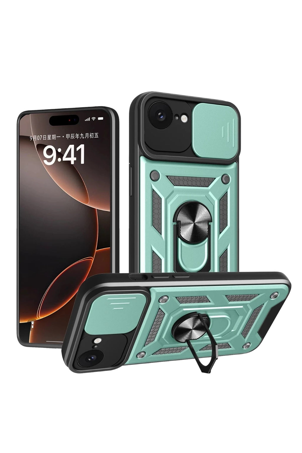 Mey İthalat® iPhone 16E Kılıf Pars Lens Yüzüklü Silikon - Yeşil