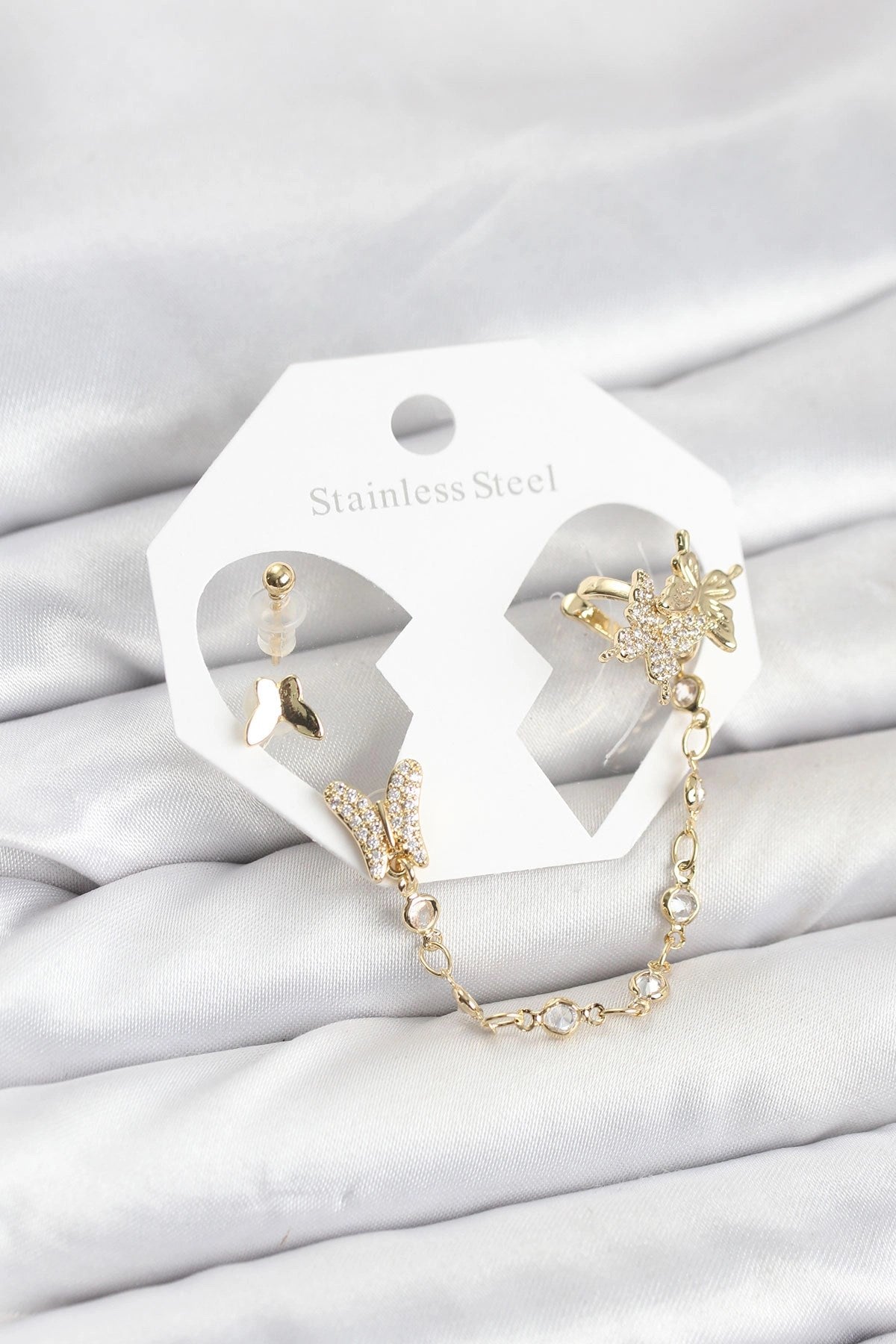 Mey İthalat® Pirinç Gold Renk Kelebek Model Zincir Bağlantılı Ear Cuff Küpe Seti