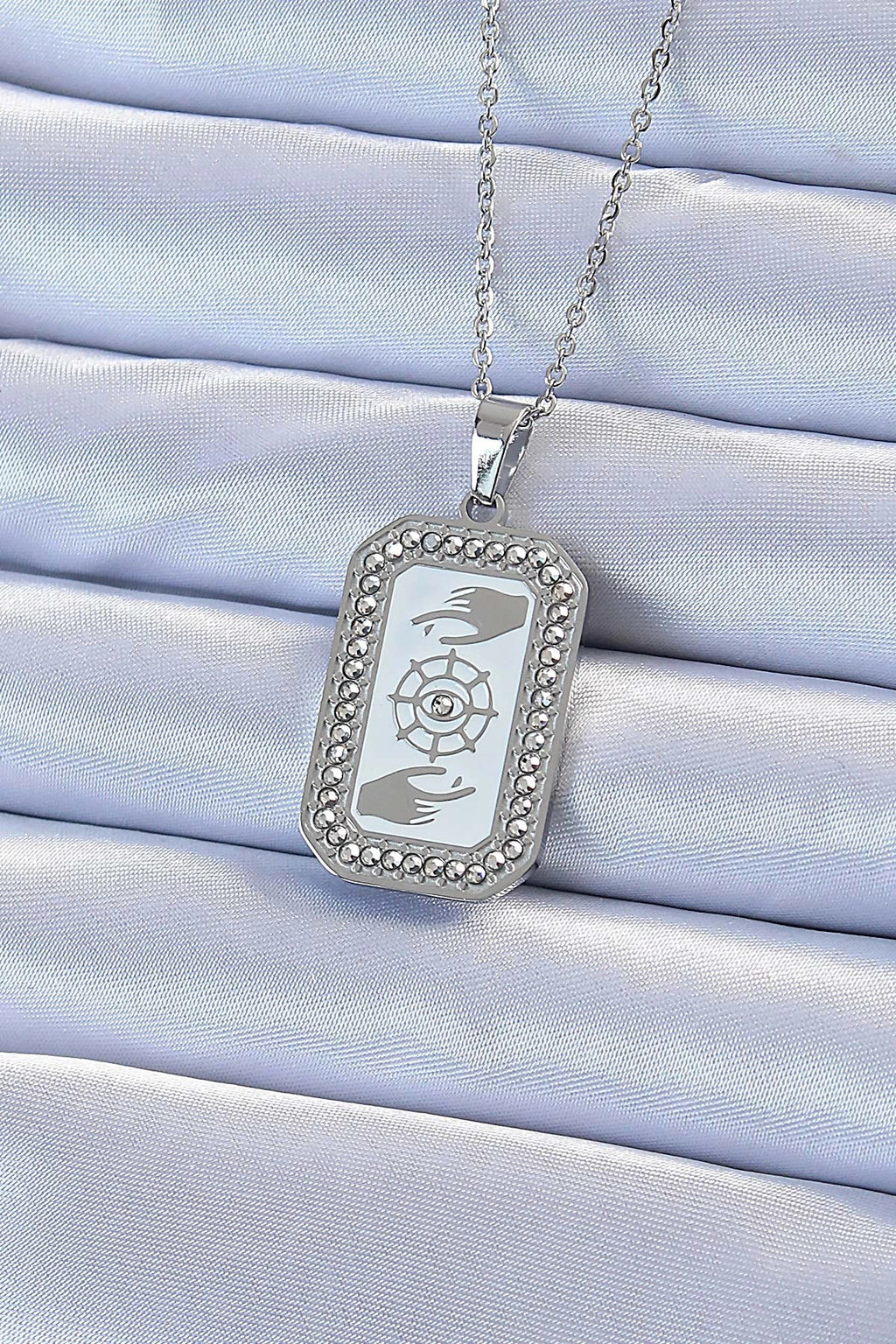 Mey İthalat® 316L Çelik Zincir Gümüş Renk Mineli Zirkon Taşlı Göz Figür Tarot Kolye