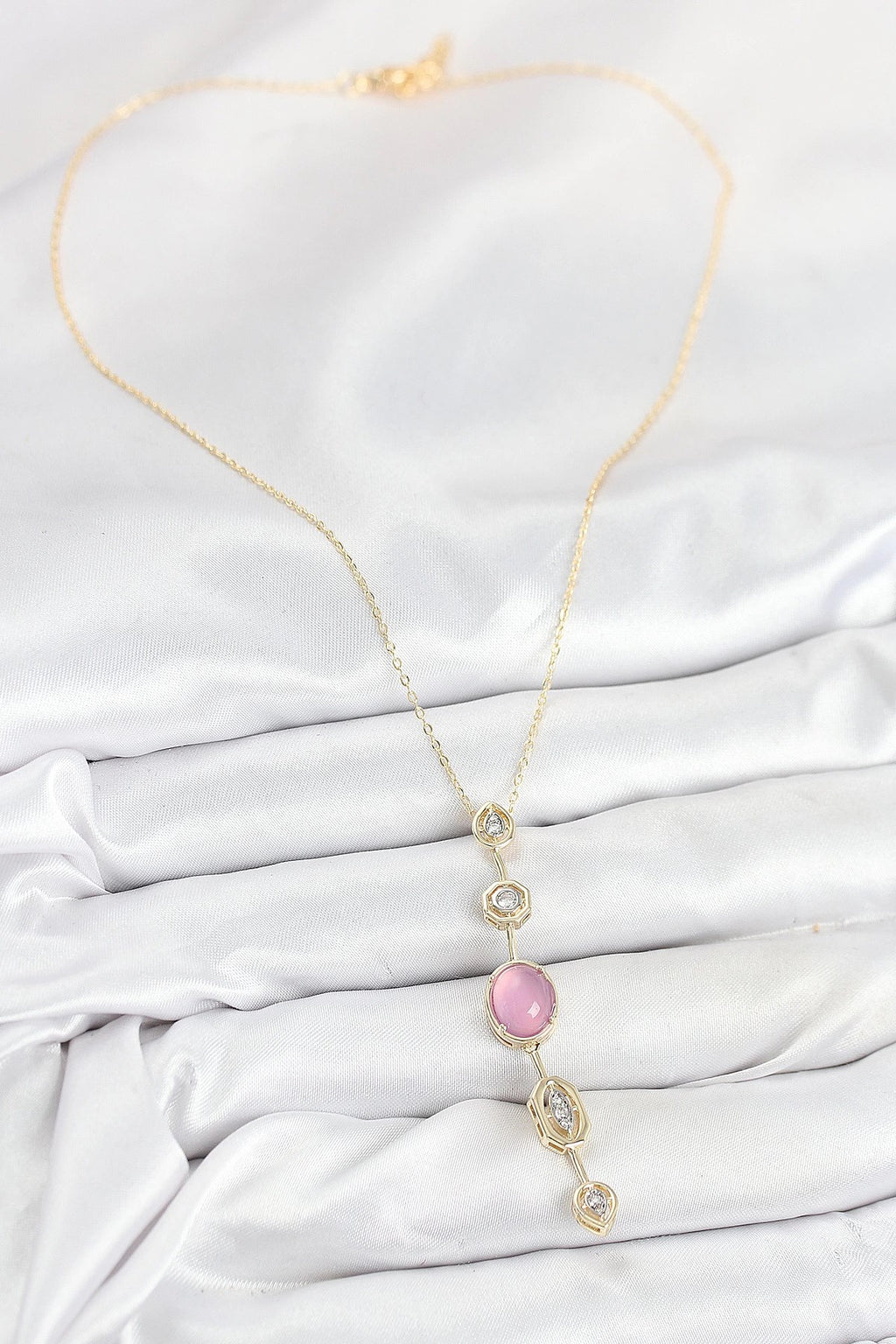 Mey İthalat® Pirinç Zincir Pembe Gold Renk Zirkon Taşlı Y Kolye