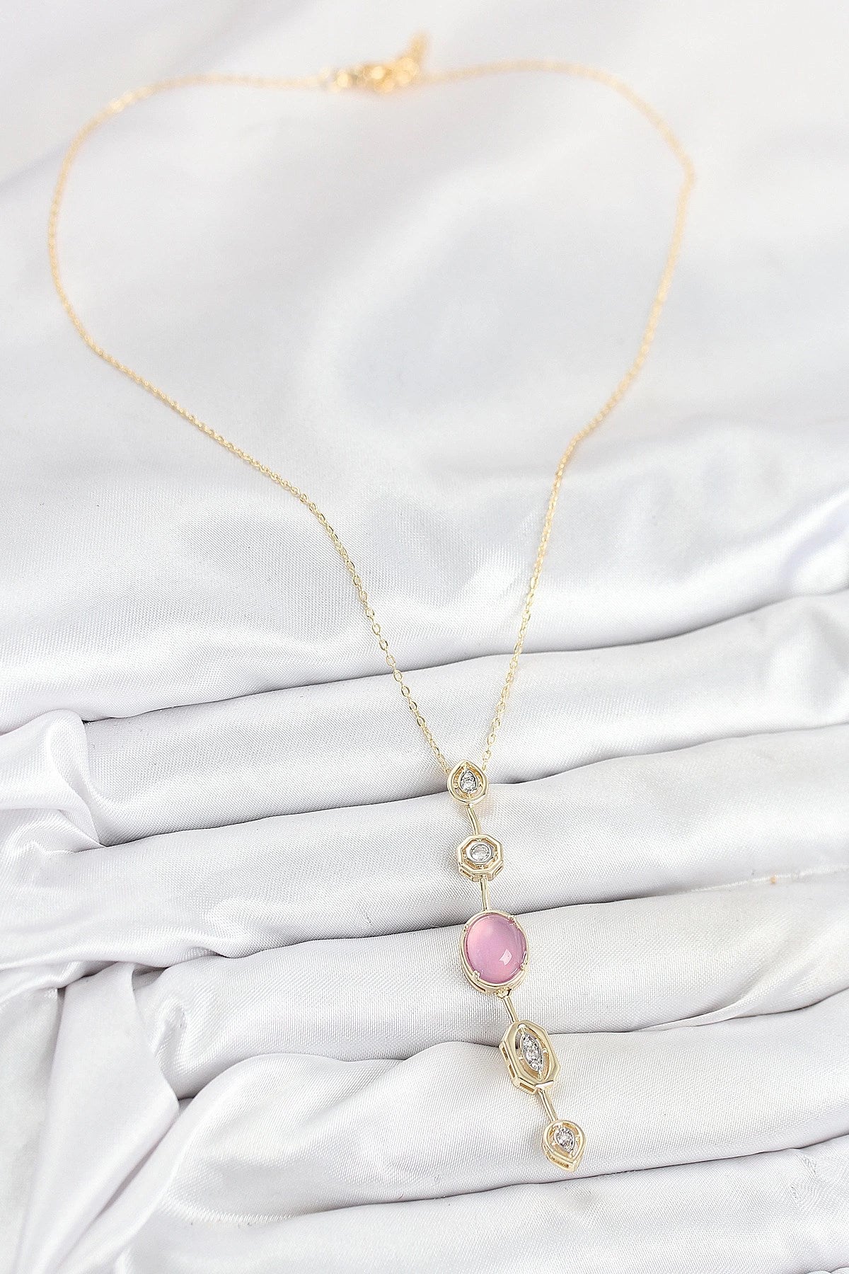 Mey İthalat® Pirinç Zincir Pembe Gold Renk Zirkon Taşlı Y Kolye