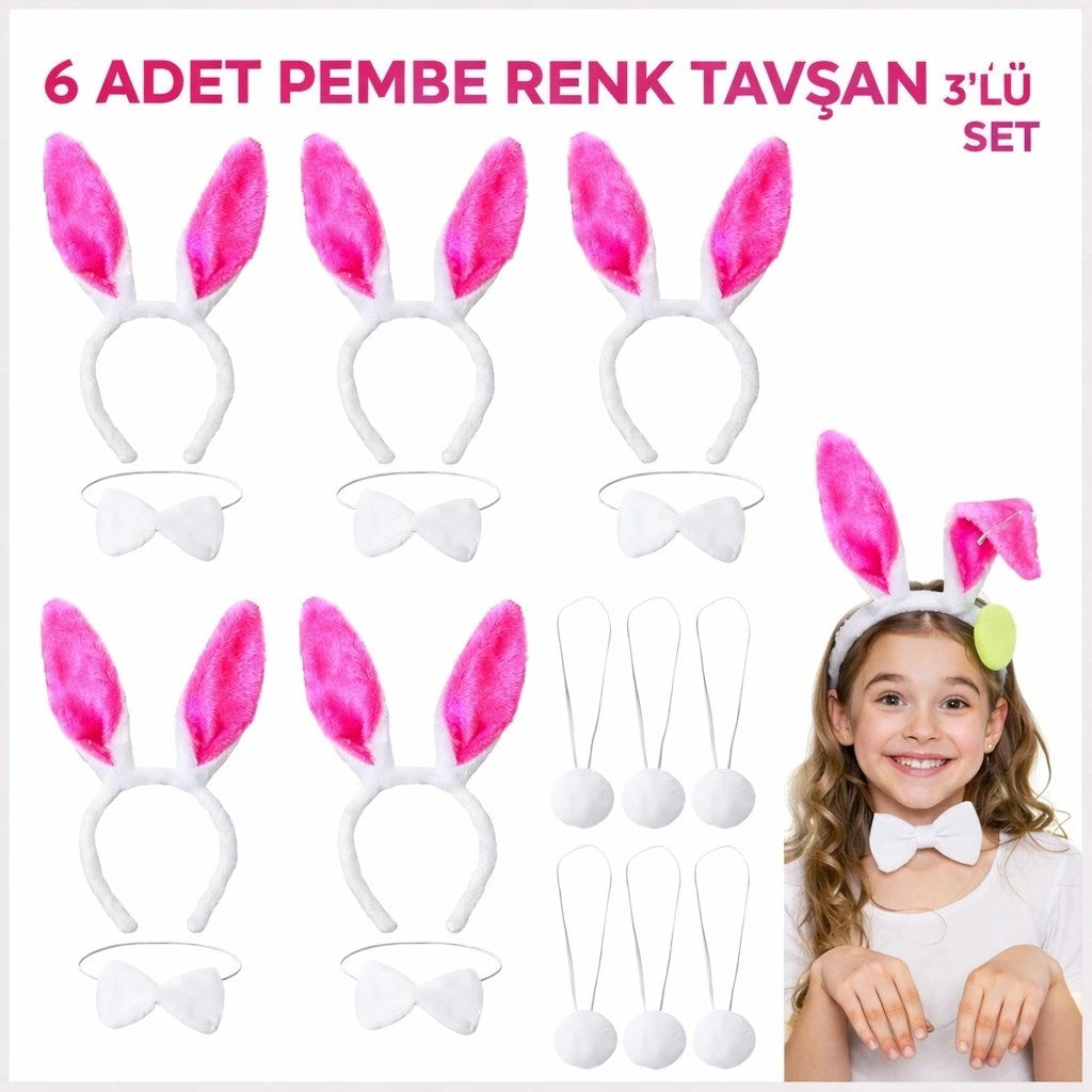 Mey İthalat® Şeker Pembesi Tavşan Sahne Seti 6&amp;#39;lı Set Taç Papyon Kuyruk