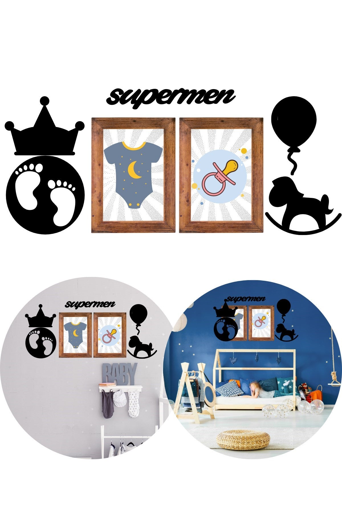 DECO103 Supermen Dekoratif Duvar Süsü Tablo Aksesuar Ahşap Tasarım Hediye Pano Sticker Seti