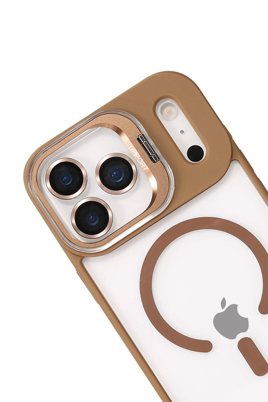 Mey İthalat® iPhone 17 Pro Max Remim Lensli Magsafe Standlı Kapak - Kahverengi