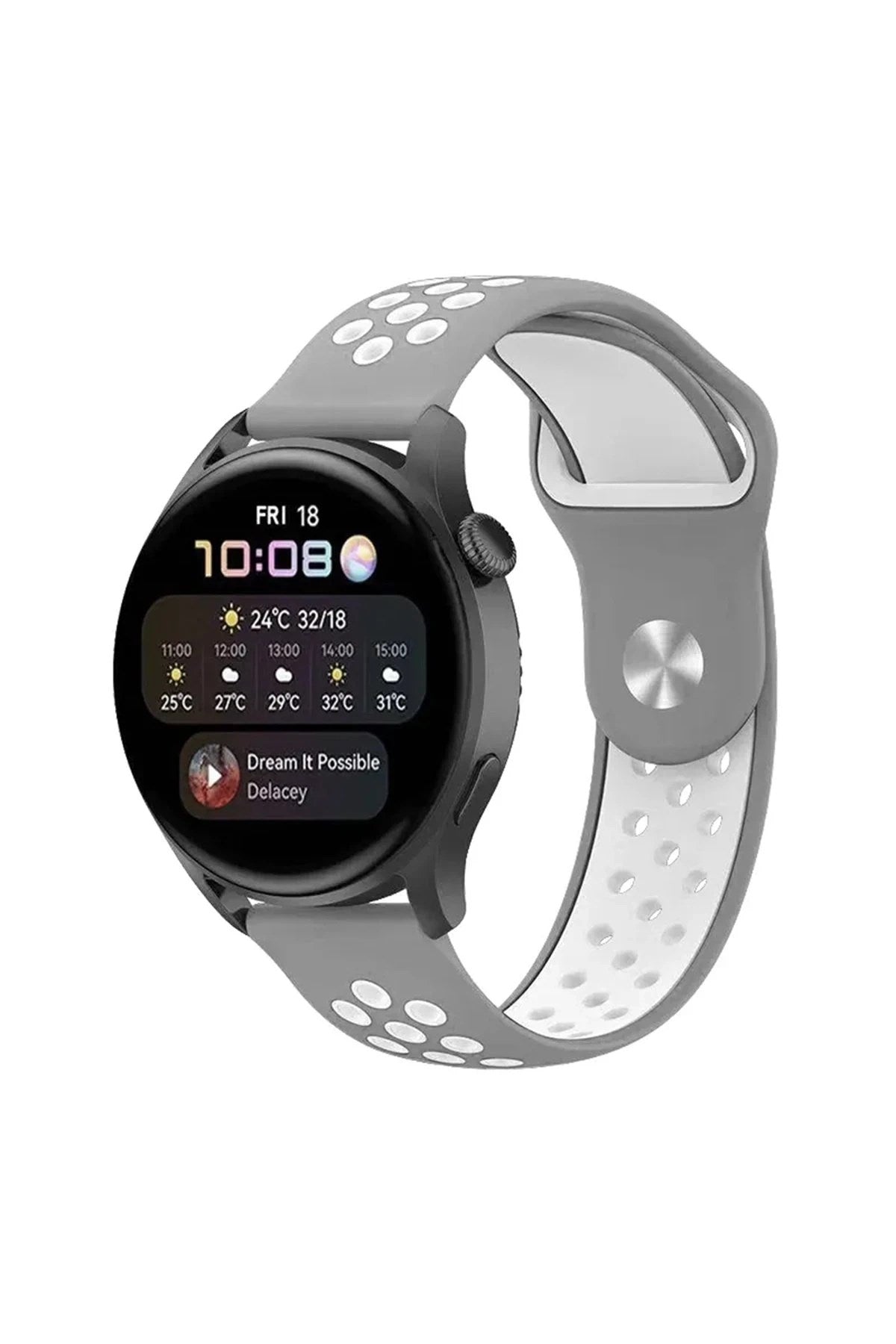 Mey İthalat® Watch 20mm Spor Delikli Kordon - Gri-Beyaz