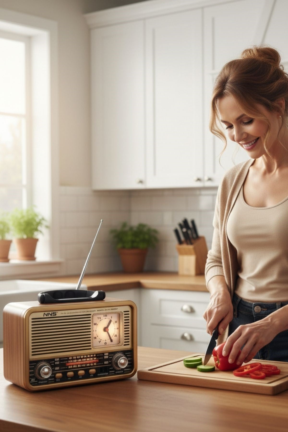 Orta Boy Saat Göstergeli Retro Ahşap Tasarım Bluetooth Hoparlörlü Radyo – FM/AM Destekli, Şarjlı ve Taşınabilir Radyo NS-8898