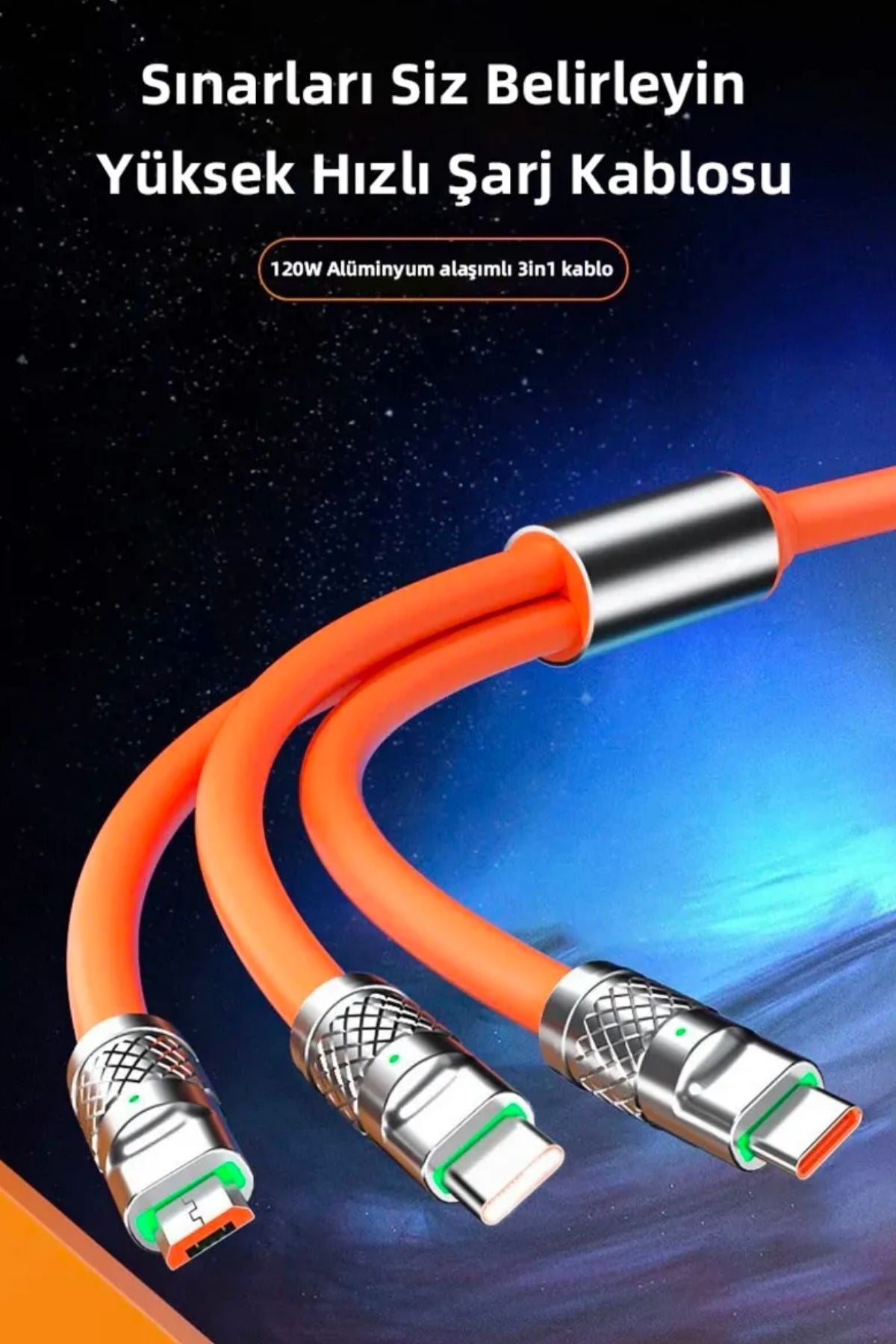 3 in 1 Type-C + Micro Usb + Lightning Hızlı Şarj Kablosu Silikon Kablo 1 Metre Opp Ambalaj