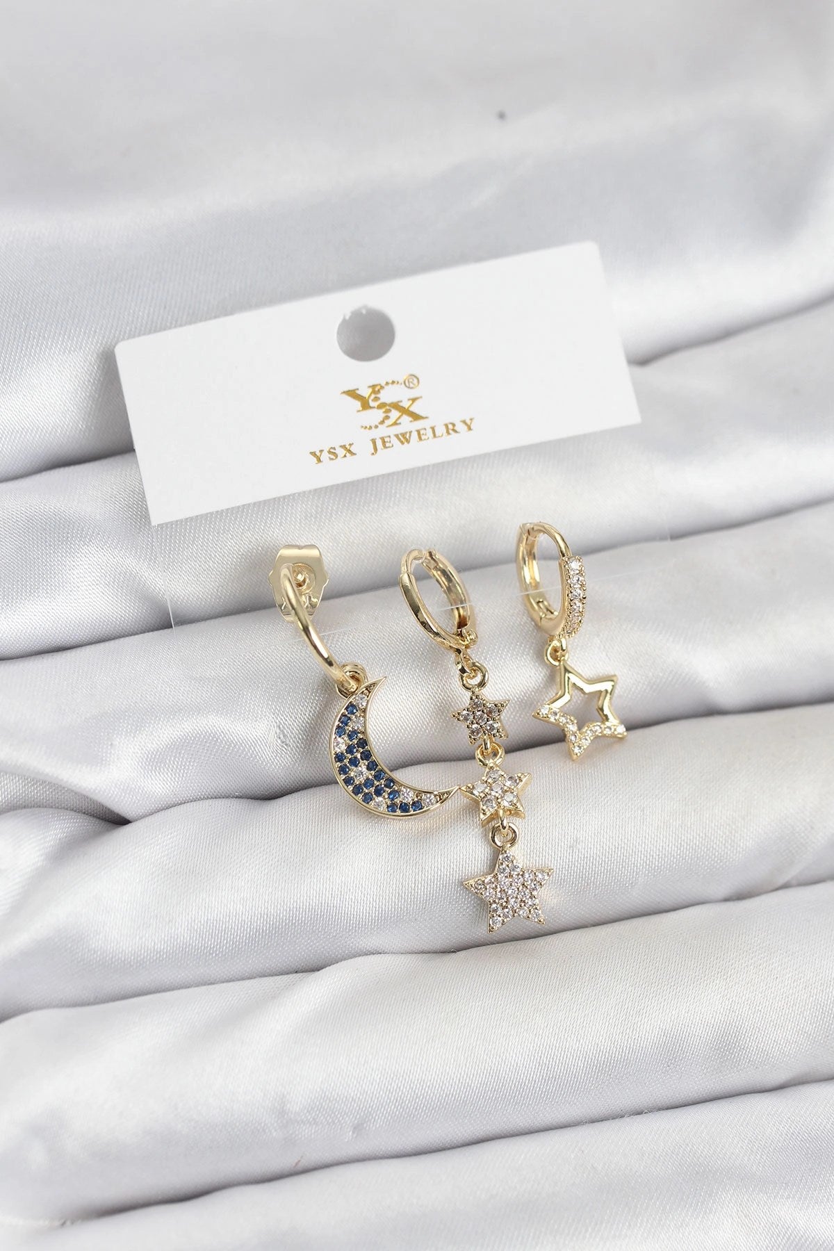Mey İthalat® Pirinç Gold Renk Zirkon Taşlı Ay ve Yıldız Model YSX Trio Küpe Seti