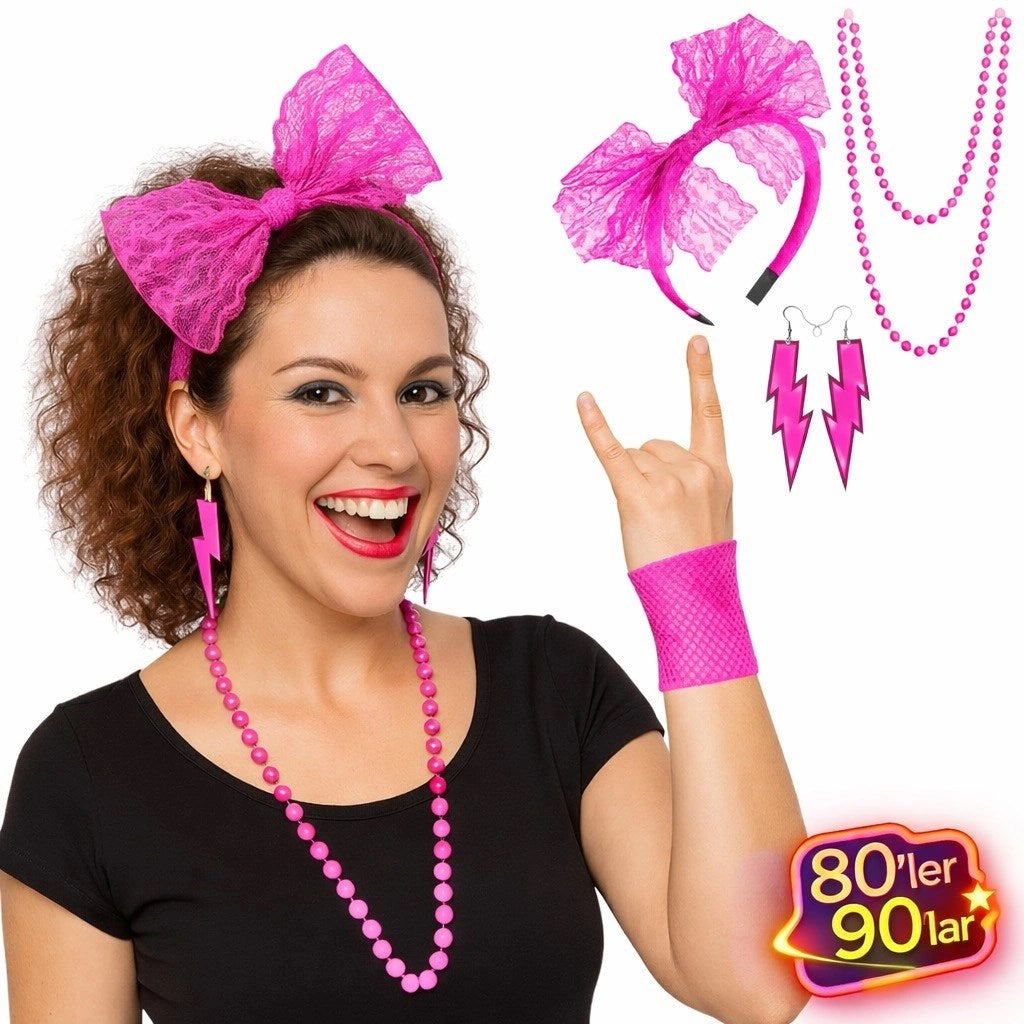 Mey İthalat® 80’ler 90’lar Neon Pembe Parti Seti – Kolye Küpe Taç
