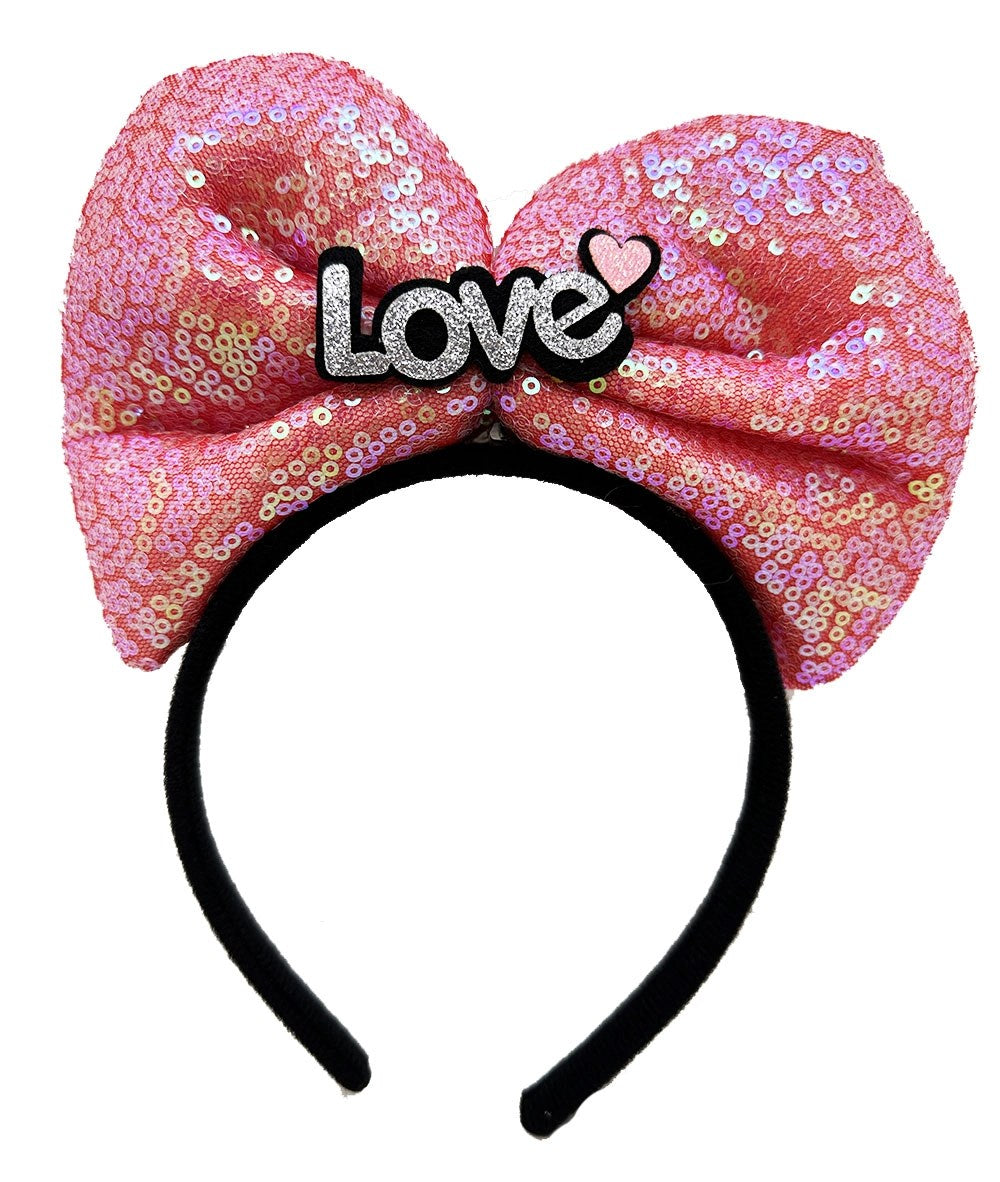 Mey İthalat® Led Işıklı 3 Farklı Fonksiyonda Yanan Gümüş Love Yazılı Fuşya Pembe Fiyonk Taç 20X17 cm