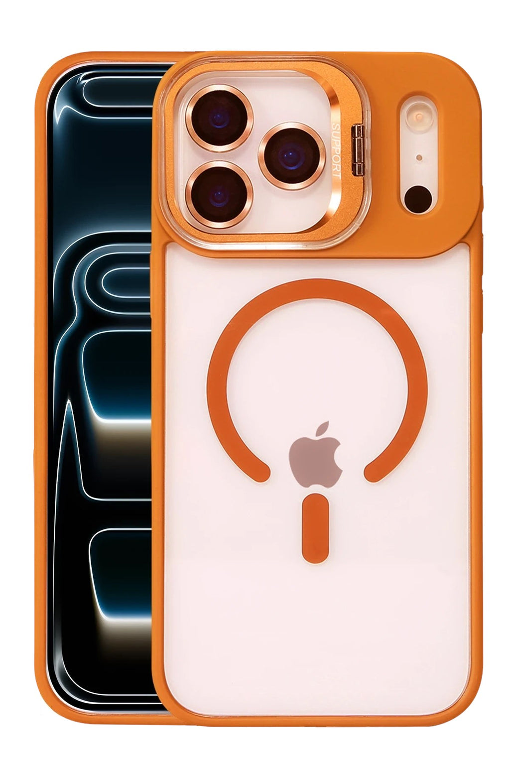 Mey İthalat® iPhone 17 Pro Max Remim Lensli Magsafe Standlı Kapak - Turuncu